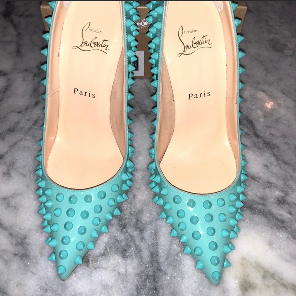 Christian Louboutin Turquoise Spiked Pointed-Toe Heels